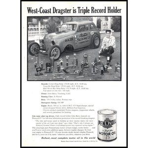 1961 Pennzoil Motor Oil Vintage Print Ad West Coast Dragster Wall Art Decor